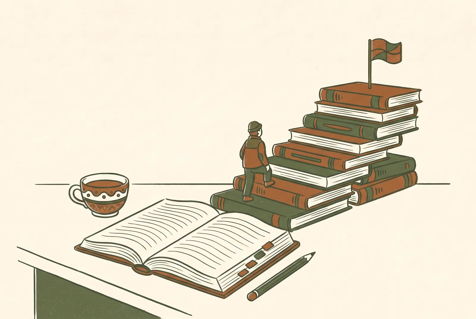 An open reference book and a cup of tea on a desk, with a small figure climbing a staircase of books toward a flag.