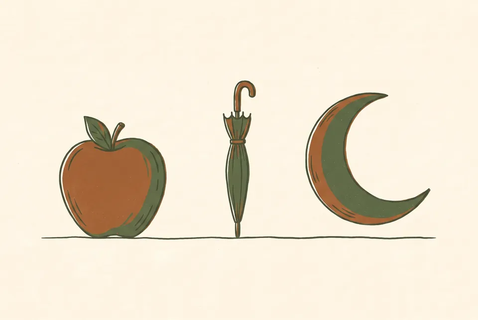 An apple, a closed umbrella and a crescent moon stand in a row on one line.