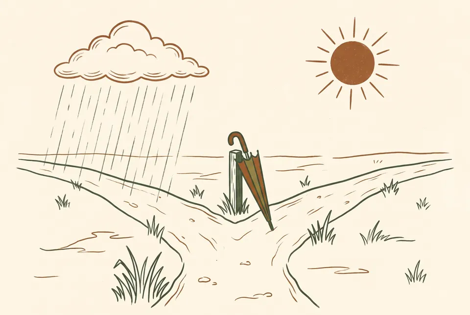 A path splits in two, with rain falling on one side and the sun shining on the other, and an umbrella leans on a post at the fork.