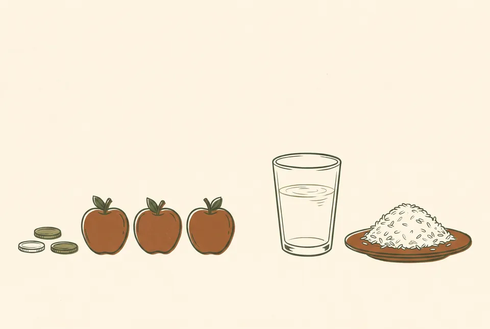 Coins and three apples that you can count stand next to a glass of water and a heap of rice that you cannot count.