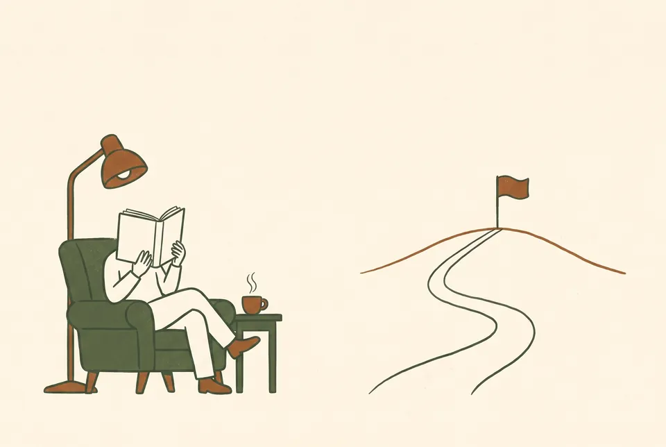 On the left a person enjoys reading in an armchair. On the right an empty path leads up a hill to a small flag.