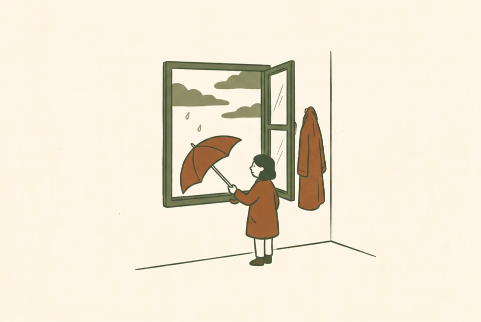A person at an open window holds an umbrella and looks at clouds that might bring rain.
