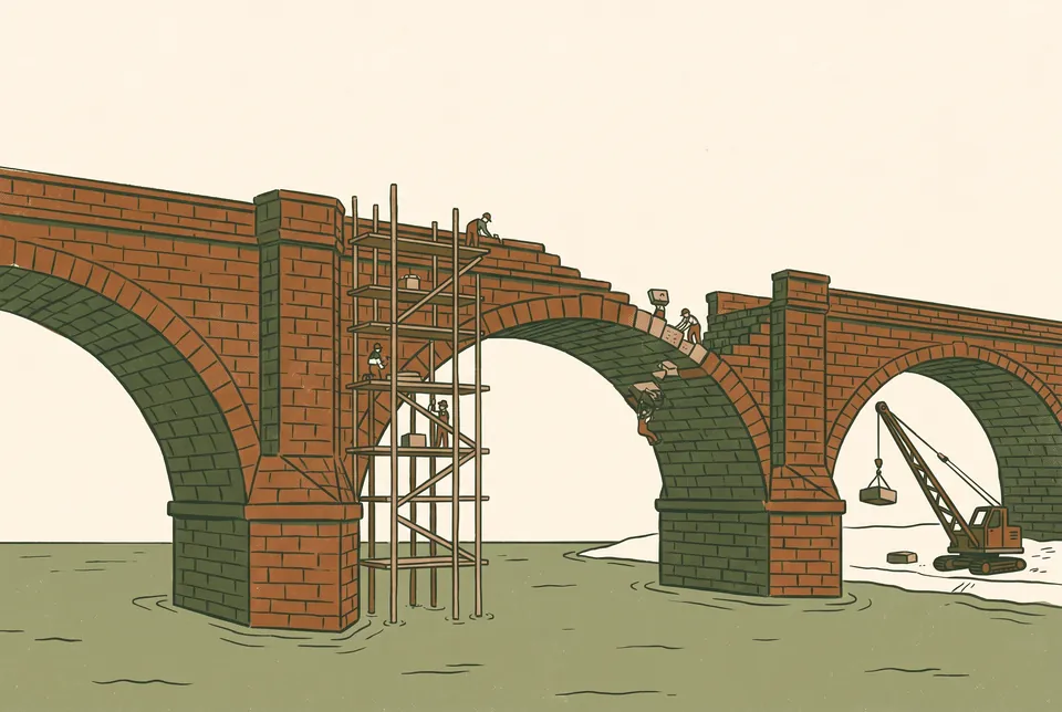 A large stone bridge is being built over a river, with tiny workers on scaffolding and a small crane at the side.