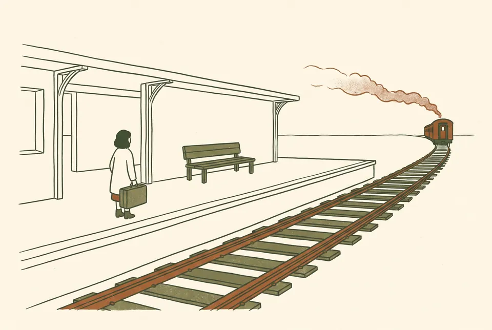 A traveller with a suitcase stands on an empty station platform while the train she wanted has already left and is far away down the track.