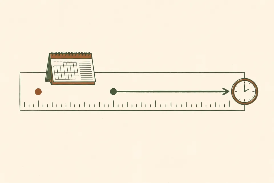 A paper timeline shows one dot in the past and a line that runs from an earlier point to a clock at the present.