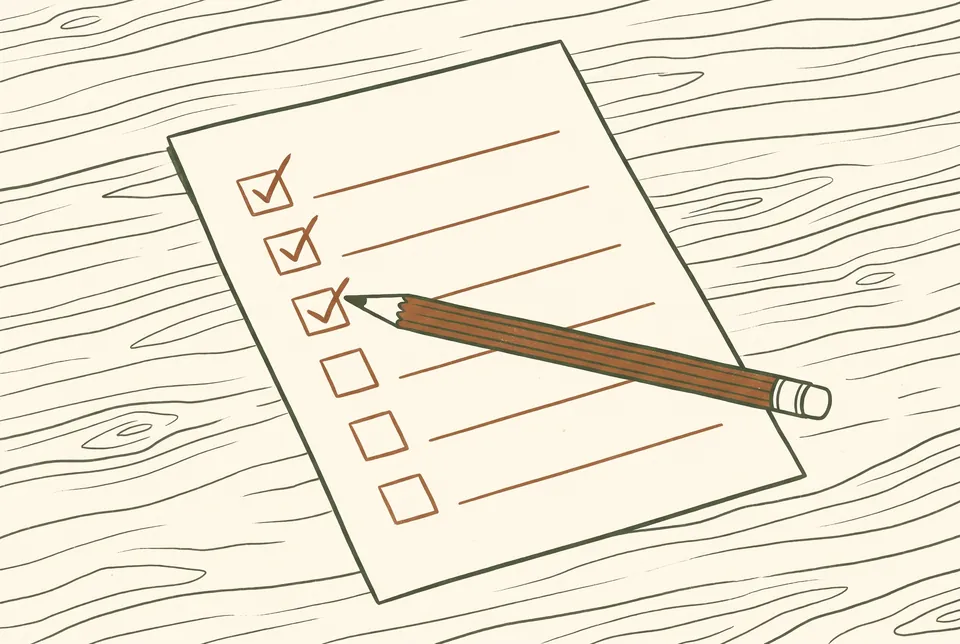 A pencil ticks boxes on a worksheet that lies on a wooden desk.