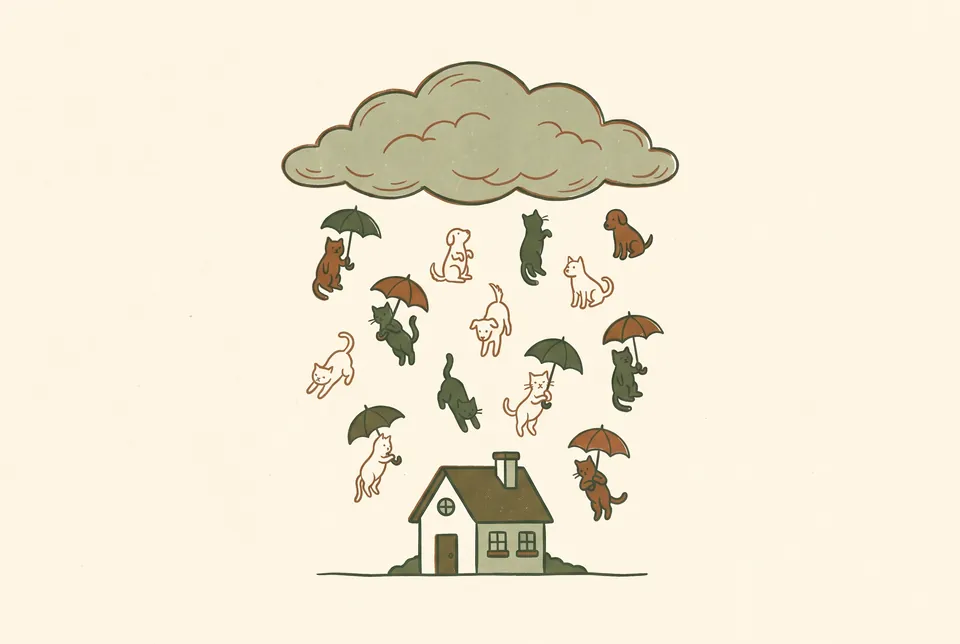 Cats and dogs float down from a cloud like rain over a small house, some holding umbrellas.