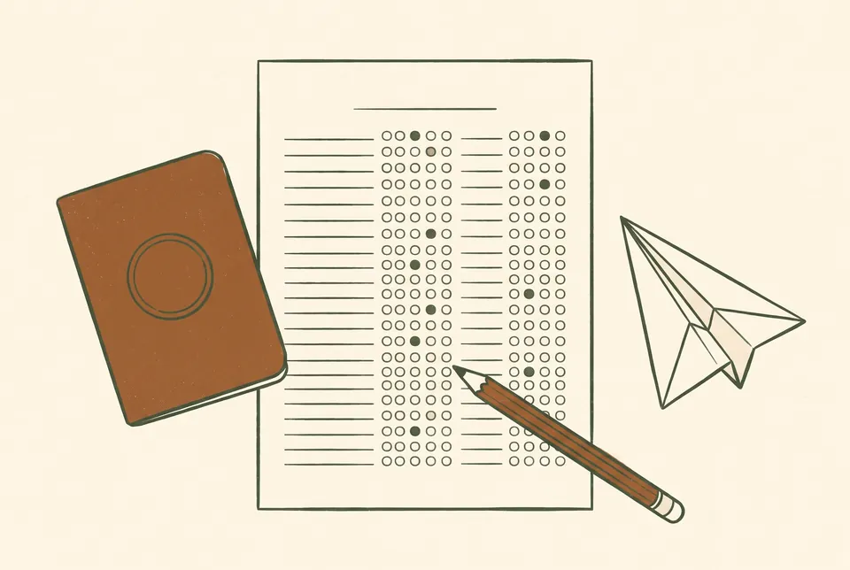 A passport, a pencil and an exam answer sheet with blank lines and answer circles, next to a small paper plane.