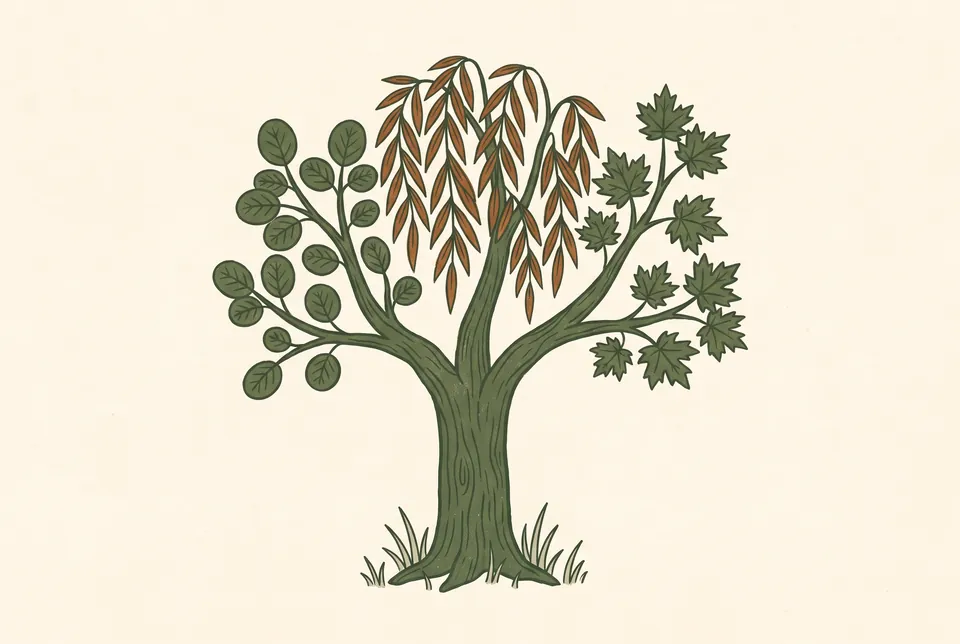 A tree splits into three branches, and each branch grows a different shape of leaf.