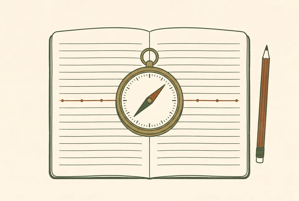 A compass rests on an open notebook across a line with six evenly spaced marks.