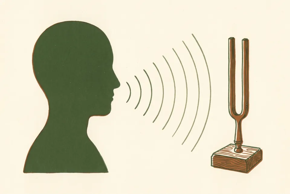 The side silhouette of a head with sound waves that travel to a tuning fork on a wooden block.