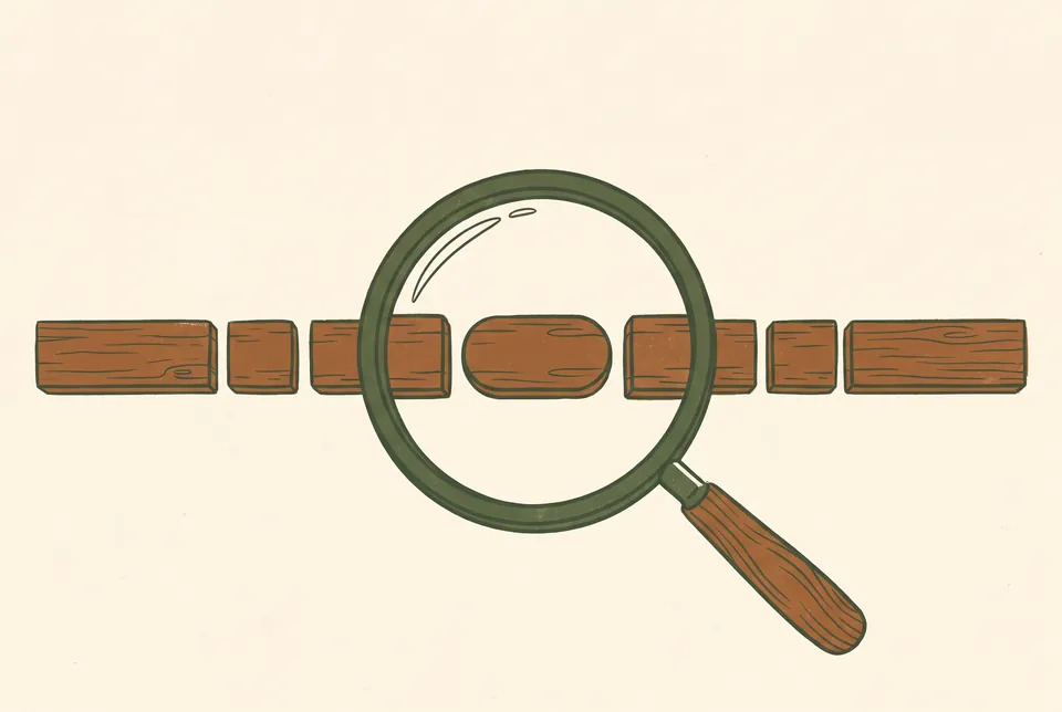 A magnifying glass over a row of blank wooden word tiles of different shapes.