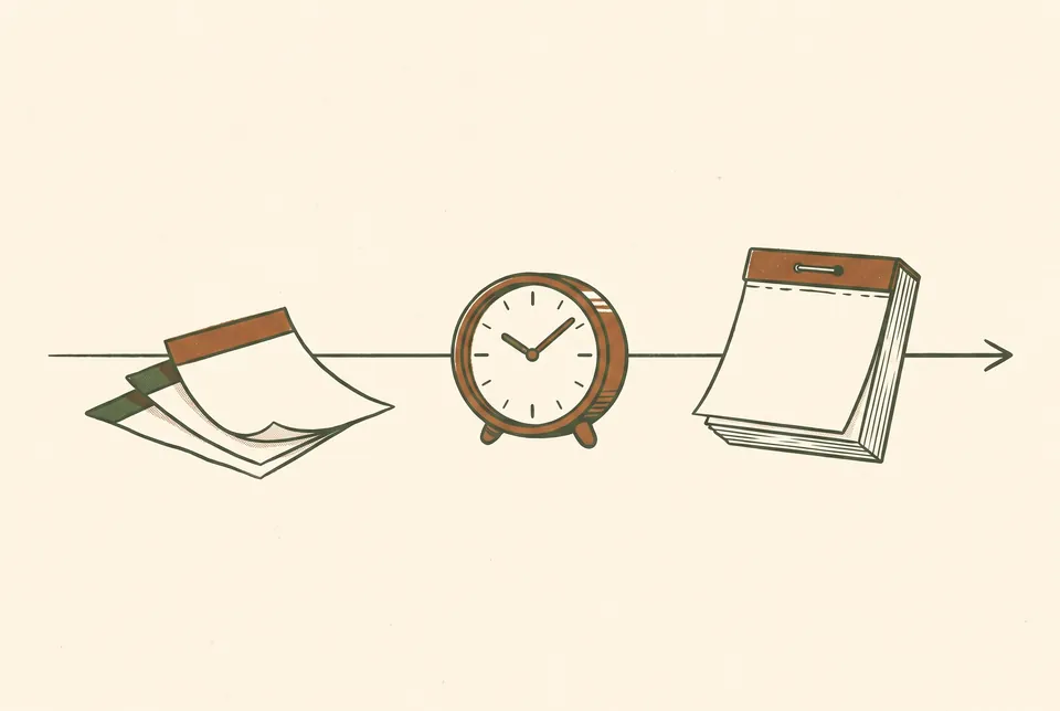 Torn calendar pages, a desk clock and a new calendar pad sit along one line that points to the right, from past to future.