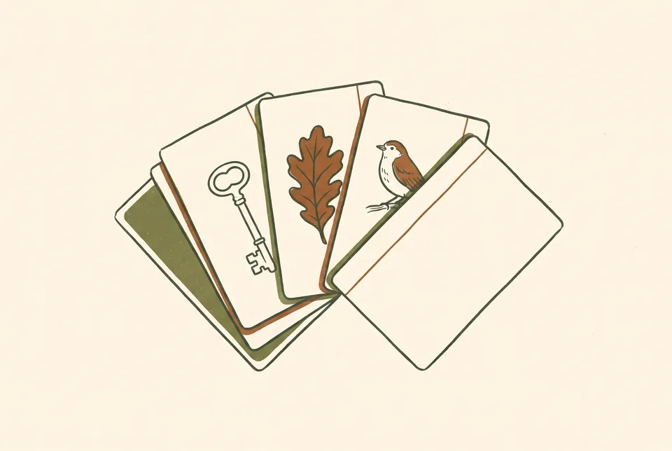 A fan of index cards shows simple drawings of a key, a leaf and a bird.
