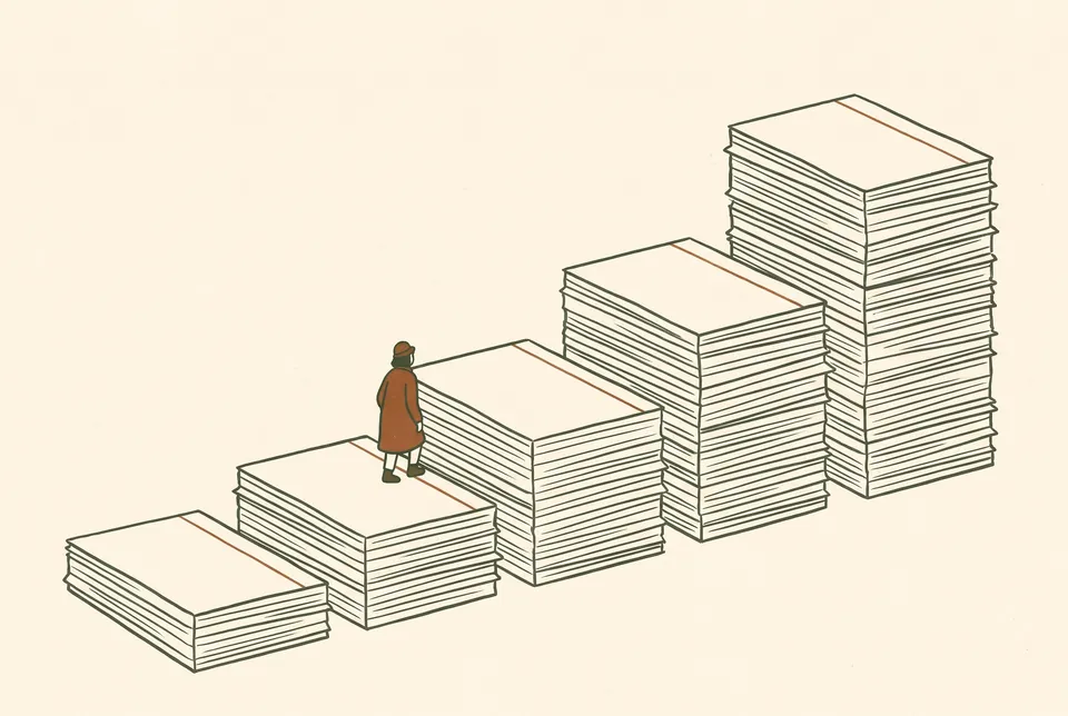 Stacks of blank index cards form a rising staircase, and a small person stands on one of the lower middle steps.